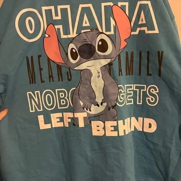 Disney Lilo & Stitch Ohana Embroidered Front Screen Print Back Sweater Juniors L - Picture 6 of 6